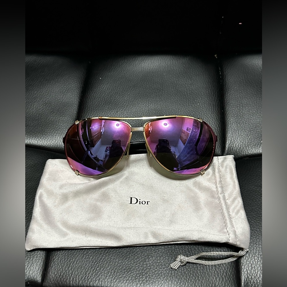 Pre Owned! Christian Dior Black, Metallic Aviator Mirrored Sunglasses